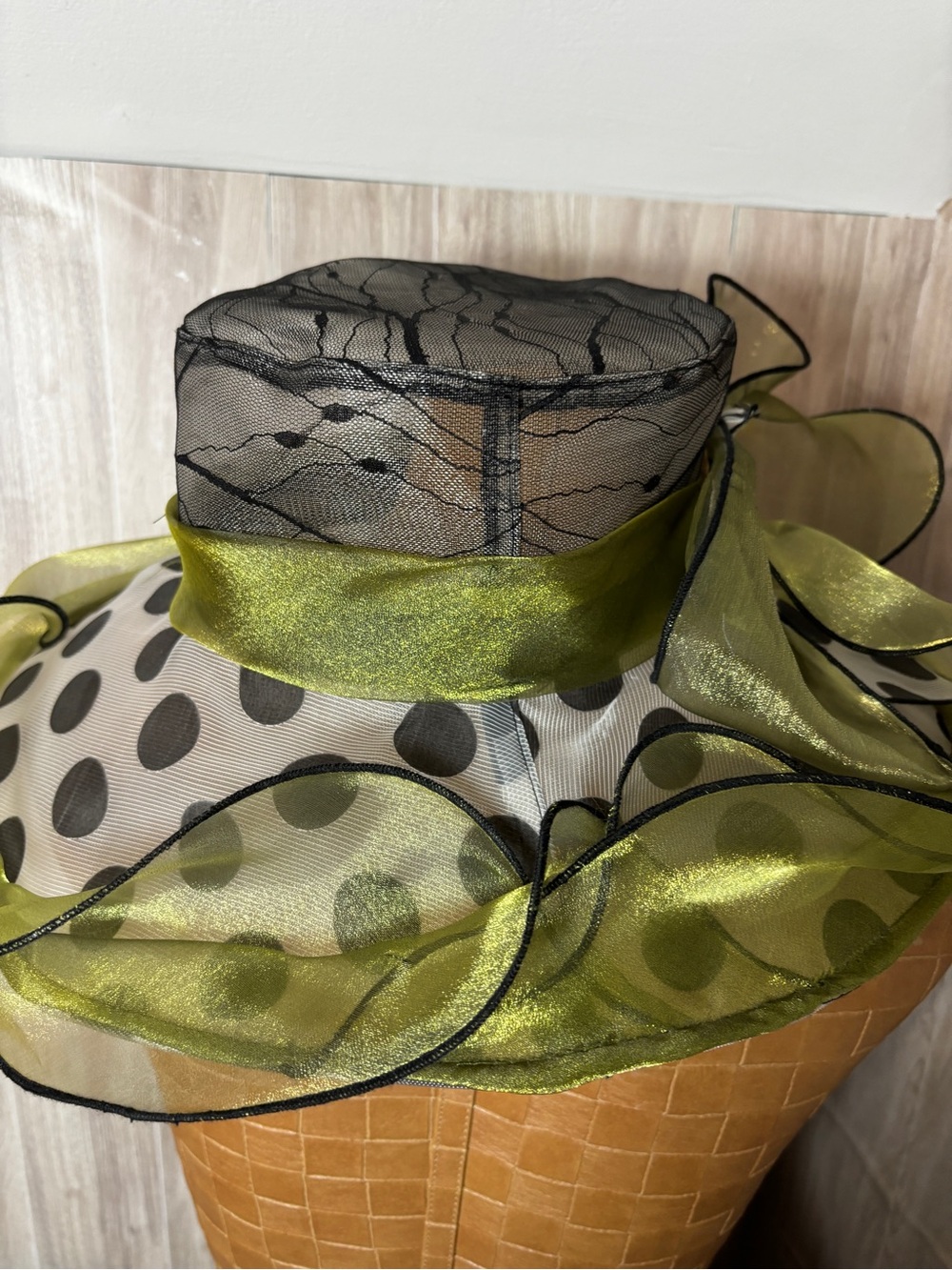 Elegant Olive Green and Black White Polka Dot Organza Derby Wide-Brim Hat - Picture 10 of 12